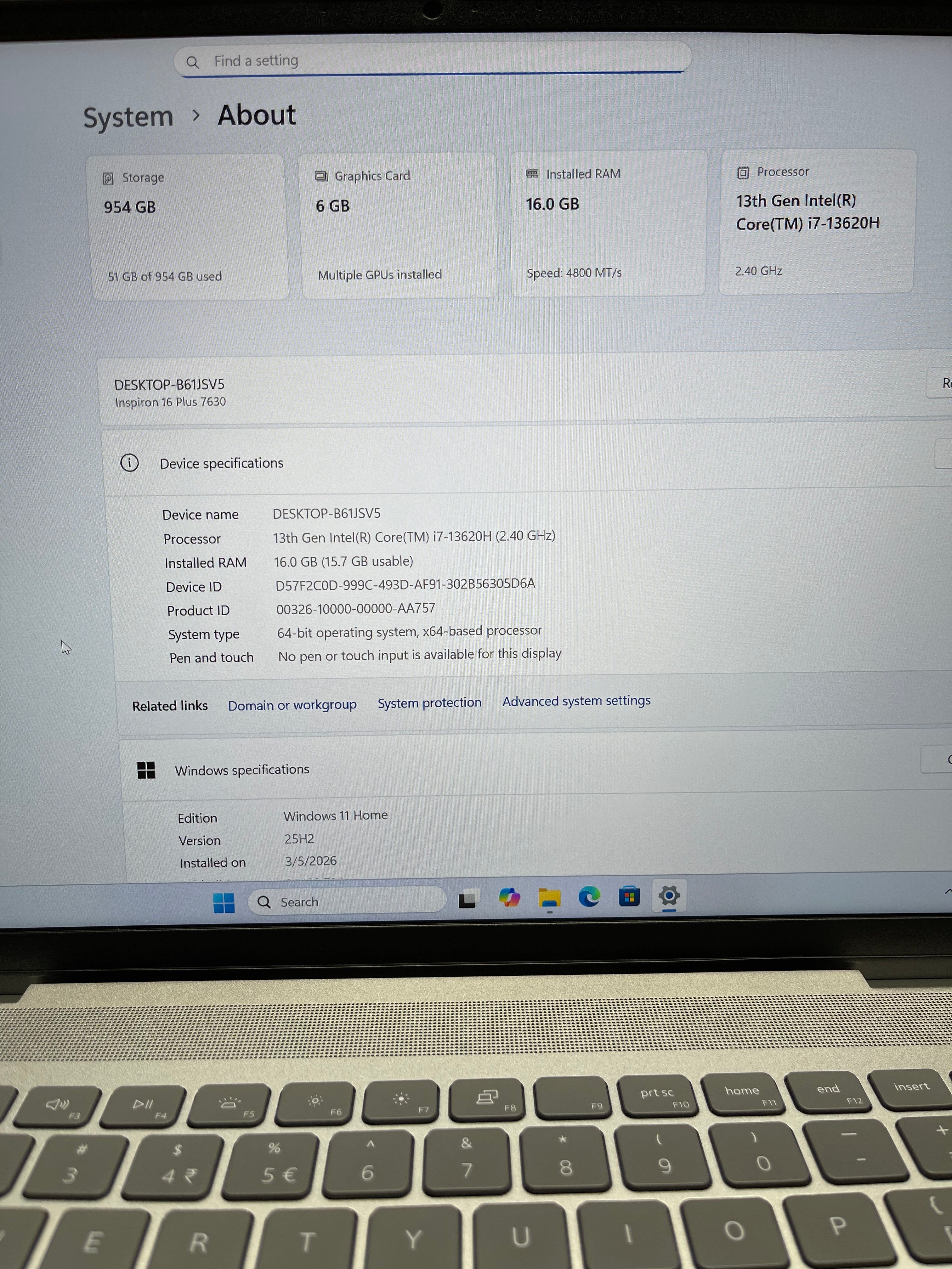 630904 Dell Inspiron 7630 16” (13th Gen i7 | 16GB RAM | 1TB SSD | RTX 4050)