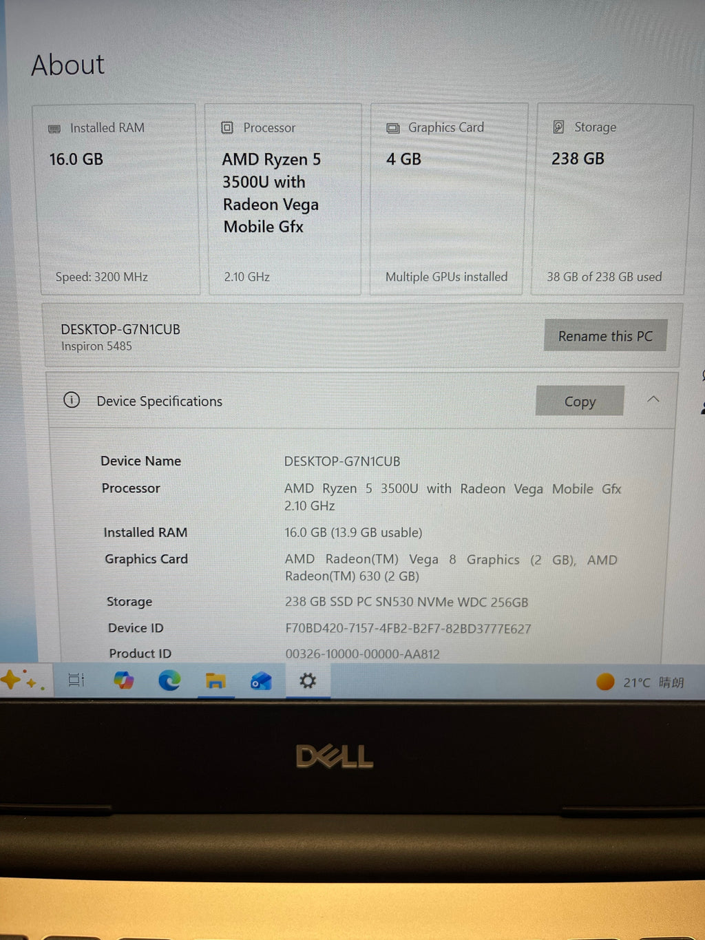 Dell Inspiron 5485 14” Laptop (AMD Ryzen 5 3500U | 4GB/8GB RAM | 256GB SSD)